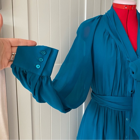 Rachel Zoe Mini Dress, Bow, 100% Silk, Flowy, Button-Down, Teal, Women’s (US M) - Picture 4 of 14